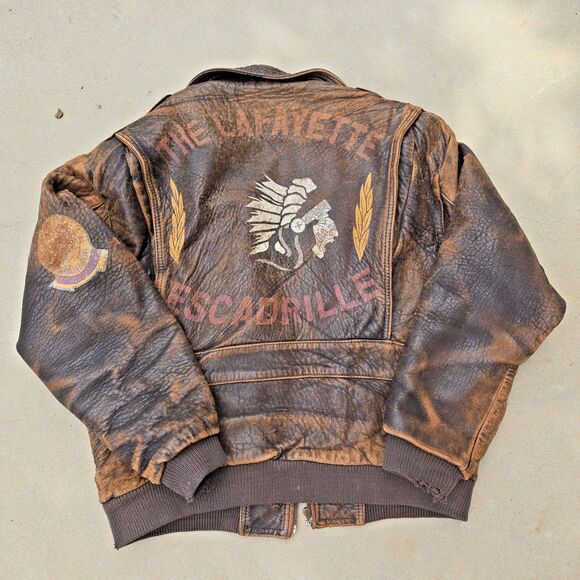 Vintage Leather Flight Bomber Jacket Lafayette Escadrille Squadron Sz 38 XL - Picture 1 of 16